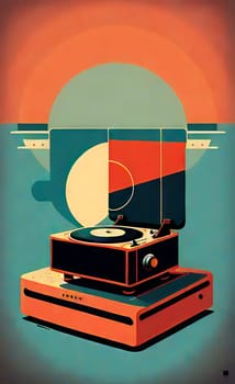 Artistic bright poster on the wall for printing in large format. A stylized poster from an old music player on vinyl discs. AI generated