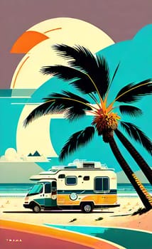 Motorhome by the sea. Rest campsite campsite. Travel by motorhome. AI generated