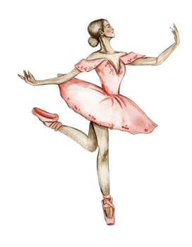 Watercolor dancing ballerina in red dress. Isolated dancing ballerina. Hand drawn classic ballet performance, pose. Young pretty ballerina women illustration. Can be used for postcard and posters.