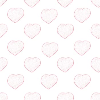 Seamless Pattern with Hearts. Hand Drawn Valentines Background. Red Hearts on White Background. Digital Paper Drawn by Colored Pencils.