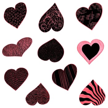 Set of Black and Red Hearts Drawn by Colored Pencil. The Sign of World Heart Day. Symbol of Valentines Day. Heart Shape Isolated on White Background.