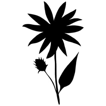 Hand Drawn Flower Silhouette. Black Floral Illustration. Plant Silhouette Isolated on White Background.