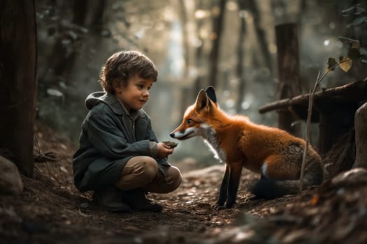 young boy and a fox in a deep forest