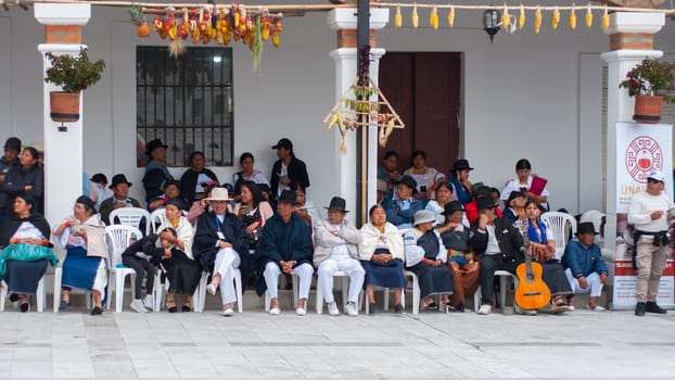 Otavalo, Ecuador - 24 de junio de 2023: indigenous people attending the inauguration of inti raymi in otavalo ecuador. High quality photo