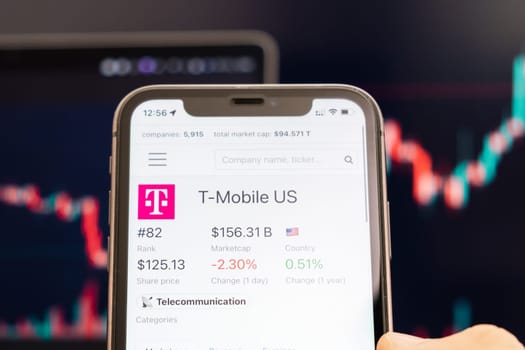 T Mobile US stock price on the screen of cell phone in mans hand with changing stock market exchange with trading candlestick graph analysis, February 2022, San Francisco, USA