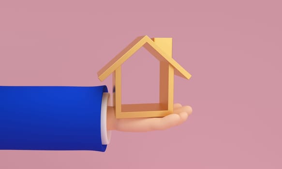 Cartoon human hand and icon house on pink background.Mortgage loan. 3d rendering.