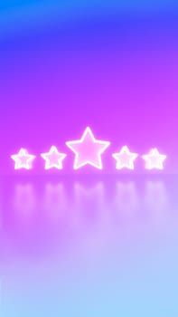 Neon light style 5 stars user rating for feedback or survey on purple gradient background.