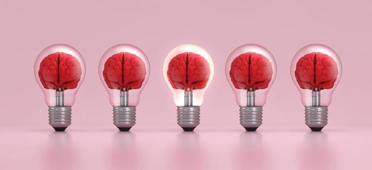 Brain inside a light bulb illuminated standing out from the crowd on pink background. Concept of inspiration, creativity, idea, education, innovation. 3D rendering.