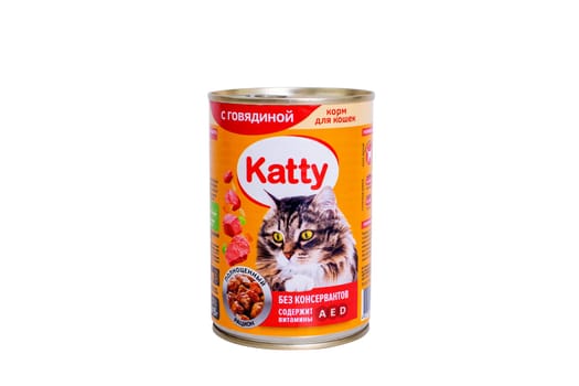 Moscow, Russia - December 18, 2022. The cat food (canned food) Katty, with beef,is isolated on a white background. The inscription on the label in Russian