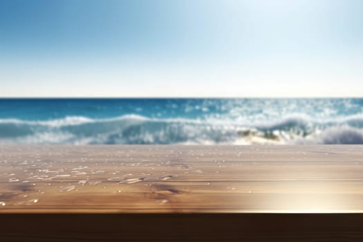 wooden wet table in a beach , overlooking blue sea.Montage style to dispaly the product. Ai generative
