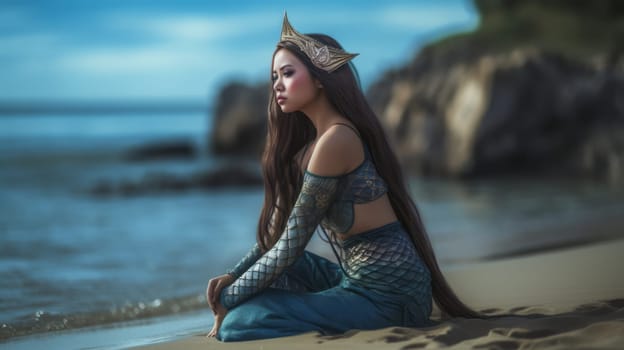 Beautiful Asian young girl with long hair, in a mermaid costume and crown, sits on beach, looking at the side of the sea. Ai generative