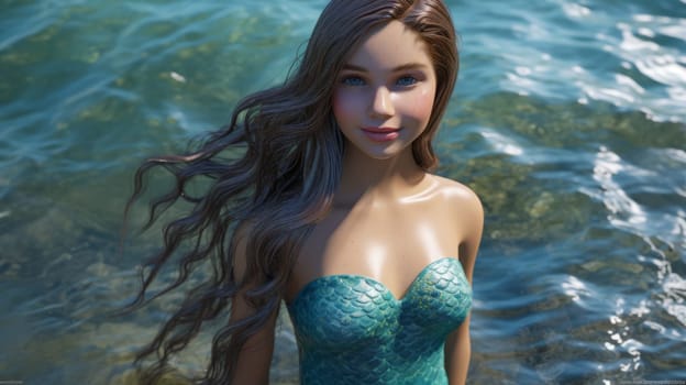 Portrait of a happy beautiful mermaid girl, in the sea. Ai generative