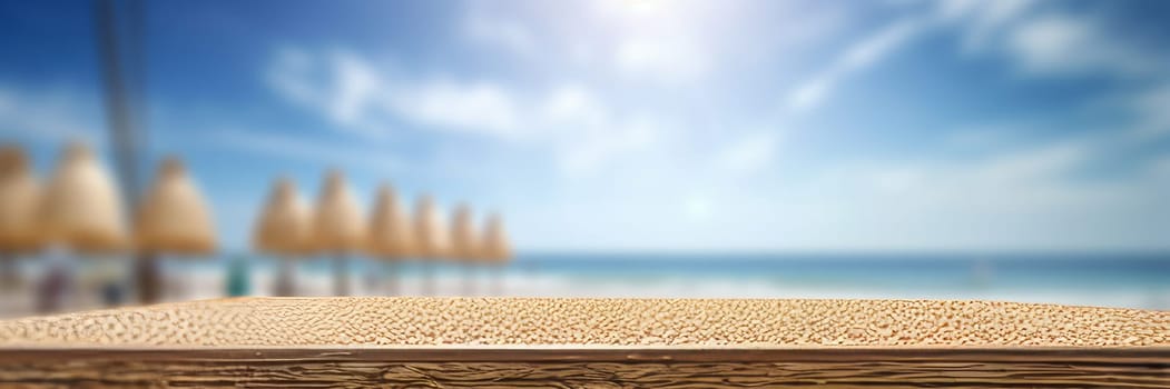 Empty wooden table in a beach , overlooking beach and blue sea.Montage style to dispaly the product. Wide bunner. Ai generative