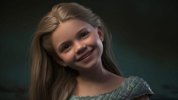 Portrait of pretty young blonde girl, in a mermaid costume, on dark background. Ai generative