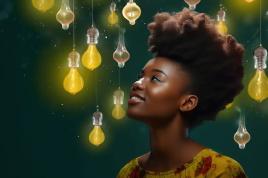 bright light bulb float above of young african woman's head. beautiful Generative AI AIG32