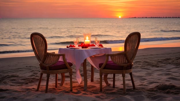 Elegant dinner set on the beach captures the enchantment of nature. AI Generative