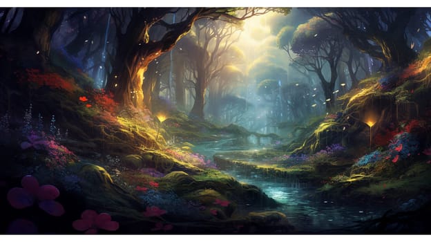 Fantasy fairy forest with river at sunset. AI Generative