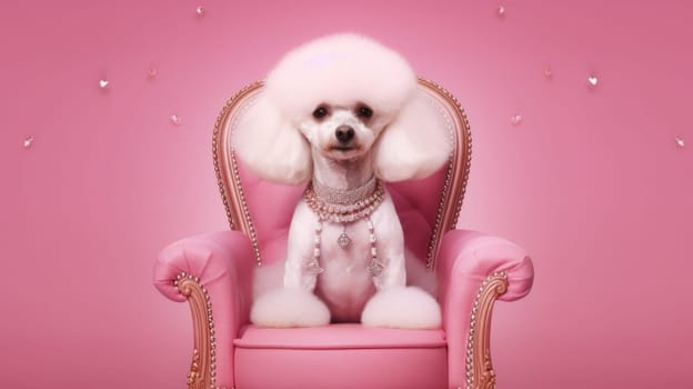 A white poodle with a beautiful haircut sits in a pink chair on a pink background at the groomer's reception. AI generated