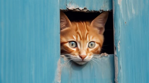 A red, small kitten peeks out from behind a blue background. AI generated.