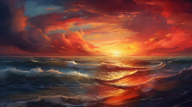 Sunset over the sea, waves on the foreground, panorama . AI Generative