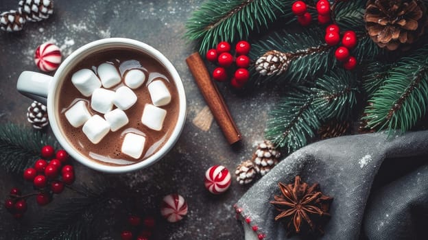 Hot chocolate with marshallows on a wooden surface with red caramel. New Year and Christmas decor and decoration. AI generated.