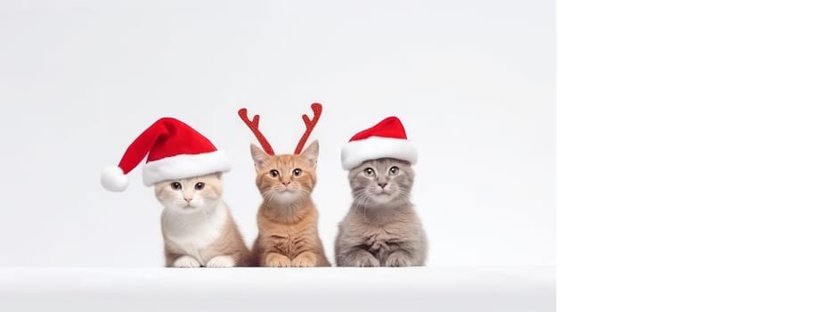 Cats and kittens celebrating the Christmas holidays in a red santa claus hat, reindeer antlers and a red gift ribbon on a white background. AI generated