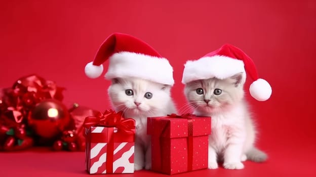 The cat and kittens celebrate the Christmas holidays in a red santa claus hat, reindeer antlers and a red gift ribbon on a red background. AI generated