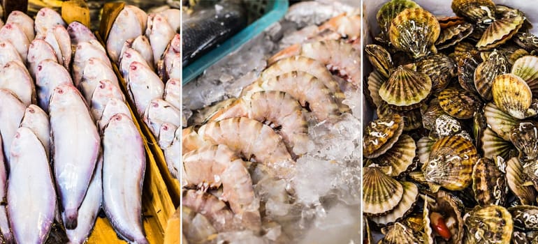 Banner fresh seafood such fish and shrimp shellfish beautifully arranged on ice - cuisine and food travel