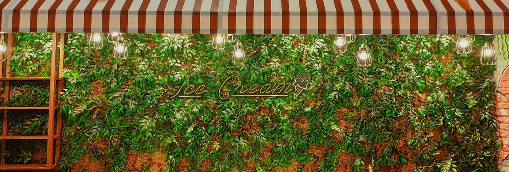 Green leaves texture. Beautiful Decorative Wall of leaves with text ice cream. Shop Decor background. download photo