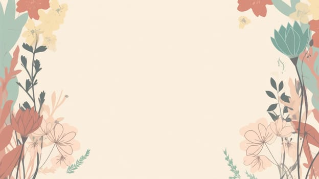 A minimalist illustration with a large empty space in the middle and a thin floral border in various colors on a plain background. Greeting card with roses, watercolor, can be used as invitation card. download