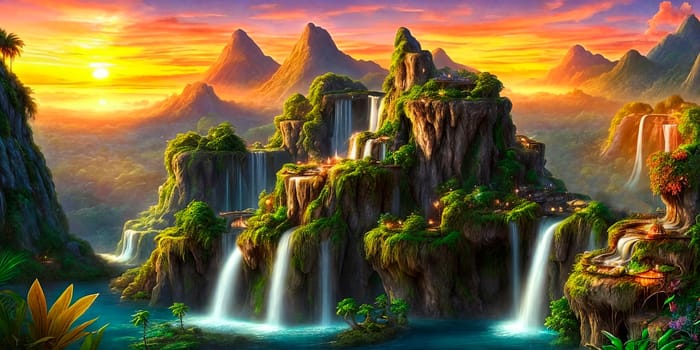 Fantasy landscape with waterfalls, flowers and tropical plants on foreground, panorama. Generative AI