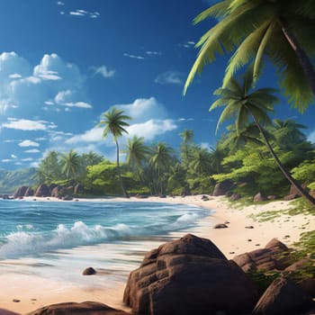 Tropical island, paradise, sandy beach surrounded palms . AI Generative