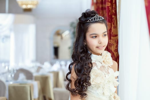 Enigmatically smiling brunette posing looking out window