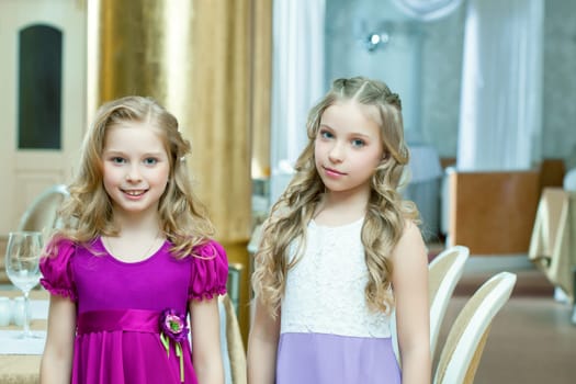 Portrait of adorable blond girlfriends posing in restaurant
