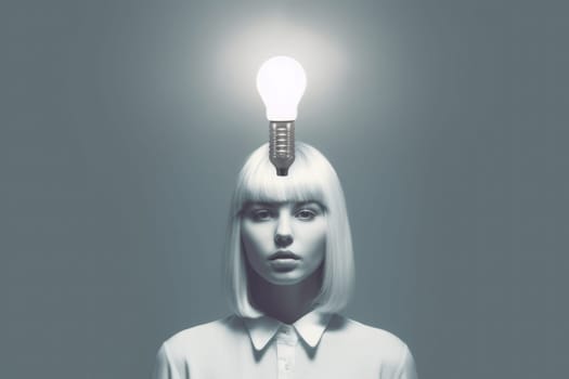 bright light bulb float above of young scandinavian woman's head. beautiful Generative AI AIG32