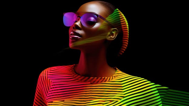 Young african female model posing with trendy fashion outfit and colorful glowing vibrant green and pink optical art abstract background. Picturesque generative AI