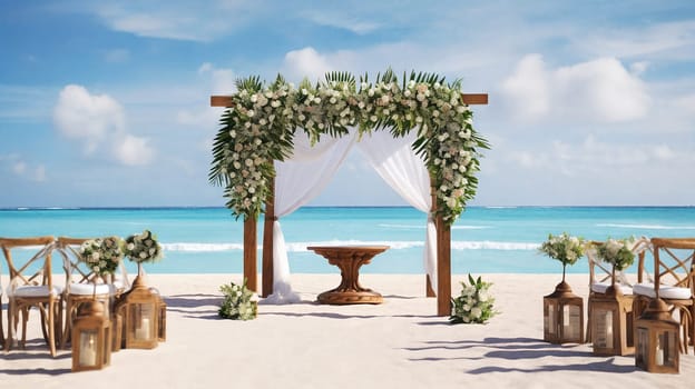 Wedding set on the tropical beach. Generative AI