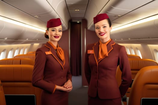 Two female on empty private jet or business class passenger seats. Picturesque generative AI
