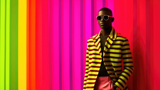 Young male model posing with trendy man fashion outfit and colorful vibrant glowing green and pink optical art abstract background. Picturesque generative AI