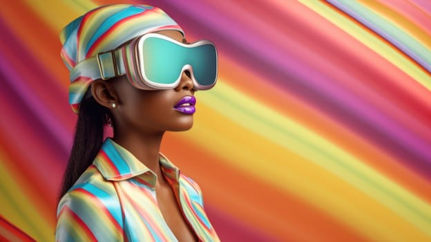 Young african female model wearing VR posing with trendy fashion outfit and colorful optical art abstract background. Picturesque generative AI