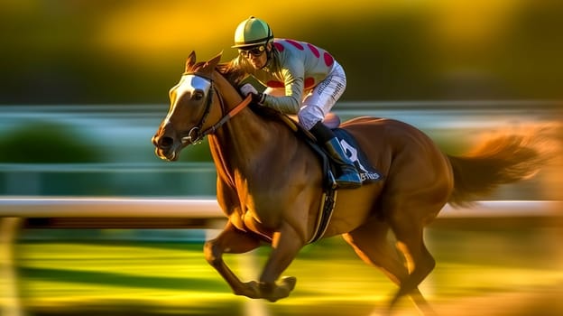 horse races, jumps over obstacles, blurred motion, made with Generative AI. High quality illustration