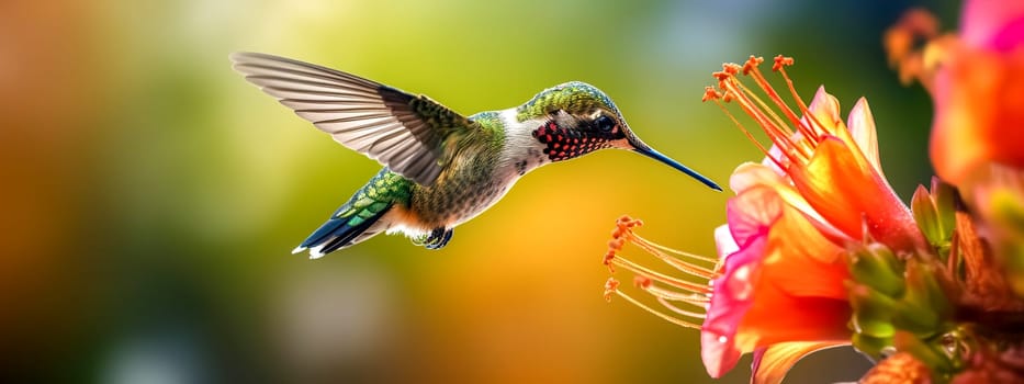 colorful hummingbird flying to flower for nectar, banner made with Generative AI. High quality illustration