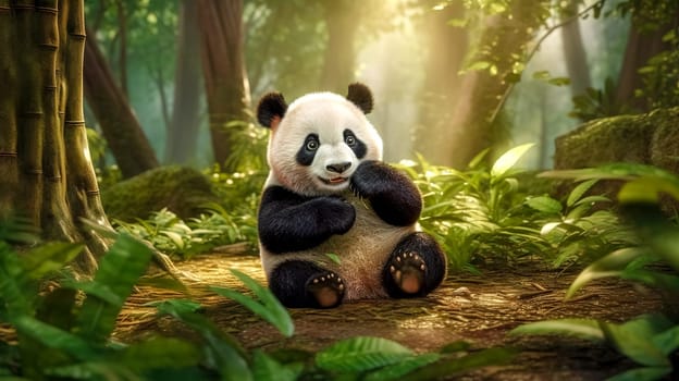 cute furry panda in bamboo forest in nature, banner made with Generative AI. High quality illustration