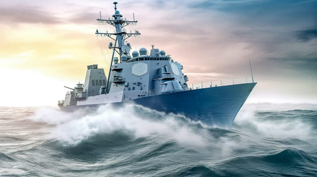a battleship in the waters of the ocean, military navy ship, made with Generative AI. High quality illustration
