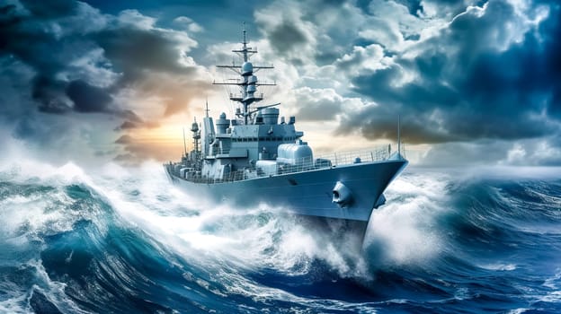battleship in action in the ocean, made with Generative AI. High quality illustration