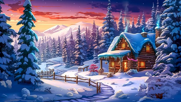 wooden log cabin in the winter fairytale forest, Christmas time, made with Generative AI. High quality illustration