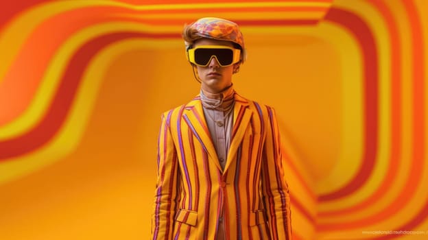 Young male model wearing VR posing with trendy fashion outfit and colorful orange optical art abstract background. Picturesque generative AI