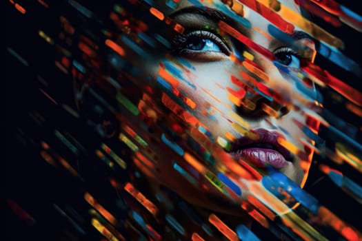 A close-up of a beautiful glitchcore female face is captured in a vibrantly surreal fashion photography style. Generative AI AIG27.