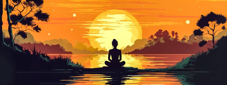 meditation at sunset by the lake, banner made with Generative AI. High quality illustration