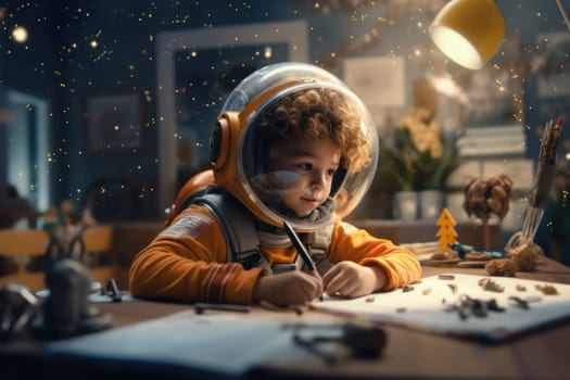 kid in spacesuit helmet floating through classroom, studying astrology. beautiful Generative AI AIG32